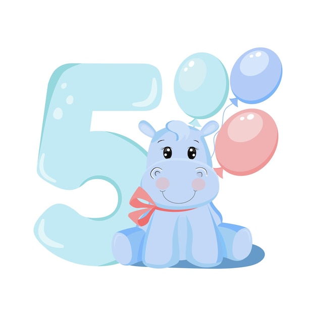 Vector cute baby boy hippo birthday invitation card five years 5 months happy birthday