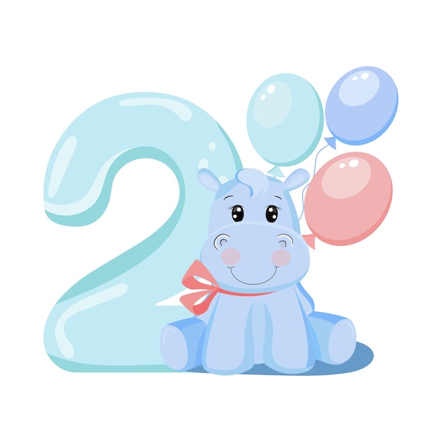 Cute baby boy hippo with balloons birthday invitation card two years 2 months happy birthday