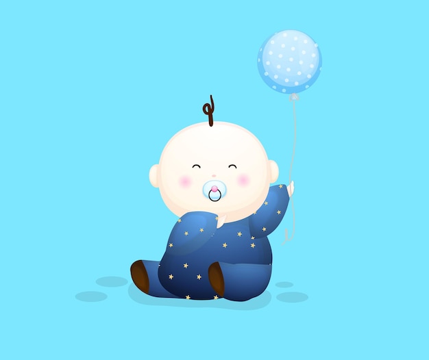 Вектор Милый мальчик держит воздушный шар мультипликационный персонаж. иллюстрация концепции ребенка premium векторы