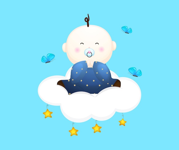 Vector cute baby boy sit down on cloud cartoon character. baby concept illustration premium vector