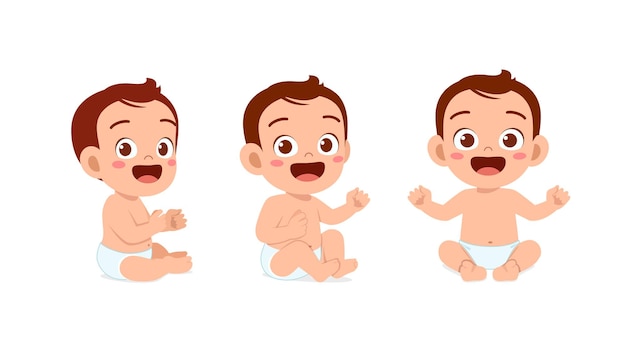 Vector cute baby boy sit down and smile pose set