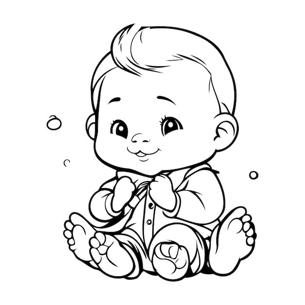 Vector cute baby boy sitting on the floor hand drawn vector illustration