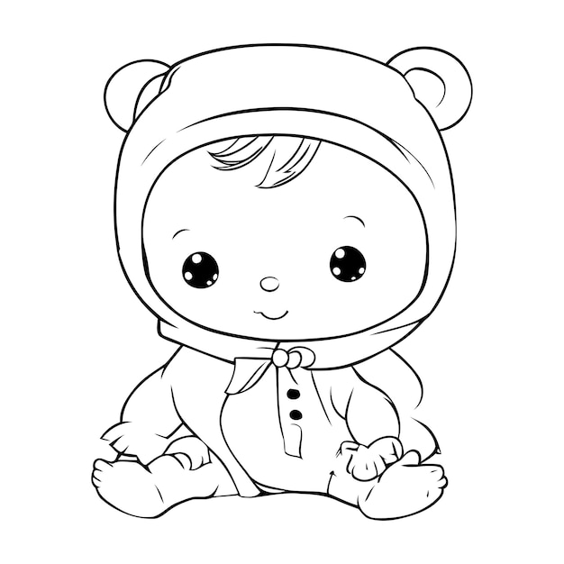 Cute baby boy in winter clothes Vector illustration for coloring book