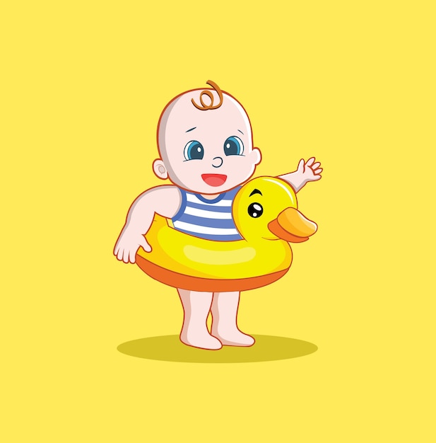 Cute Baby Boy With A Duck Float Vector Illustration