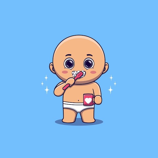 Cute Baby brushing teeth while holding mug