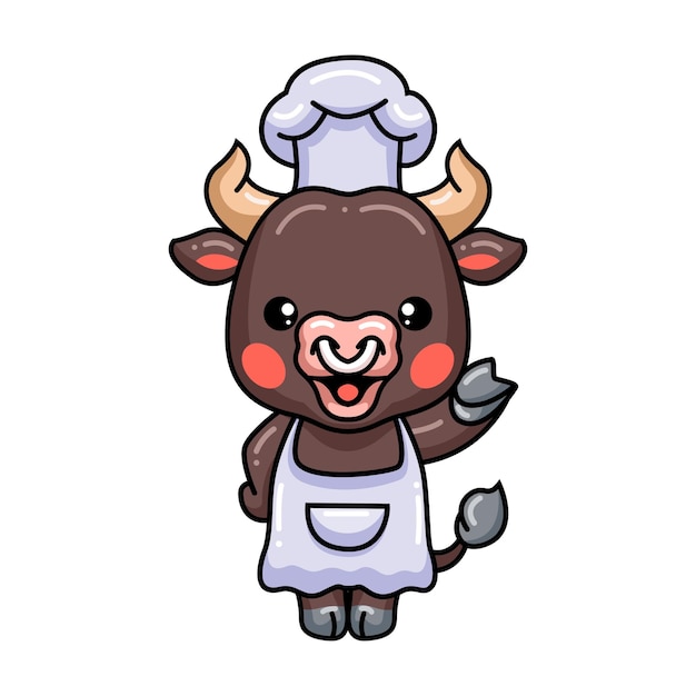 Cute baby bull chef cartoon waving hand