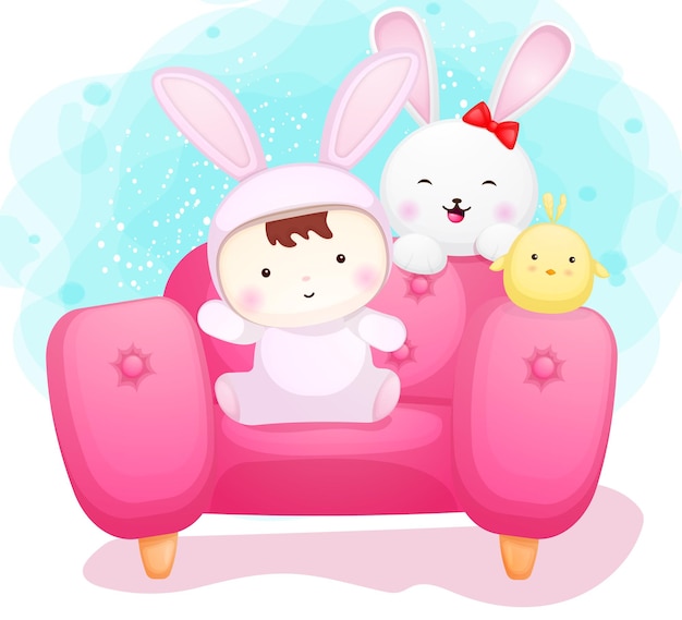 Cute baby in bunny costume and friends on sofa