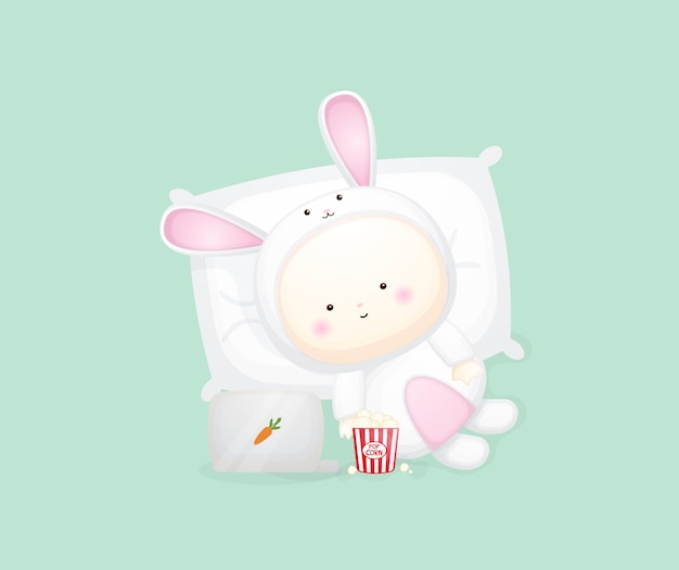 Cute baby in bunny costume lying and watching movie. cartoon illustration premium vector