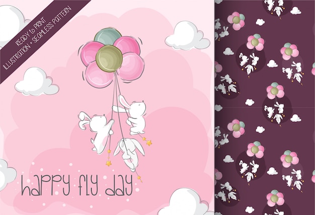 Vector cute baby bunny flying with air balloon cute animal seamless pattern