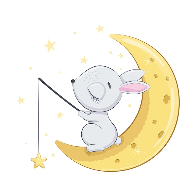 Vector cute baby bunny is sleeping on the moon