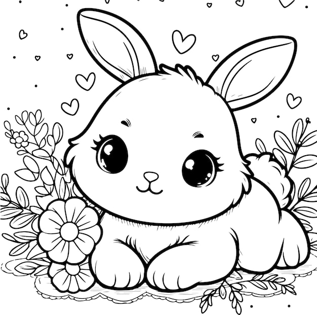 Vector cute baby bunny rabbit black outline vector illustration coloring book for kids