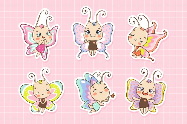 Vector cute baby butterfly cartoon characters stickers for kids girlish illustrations
