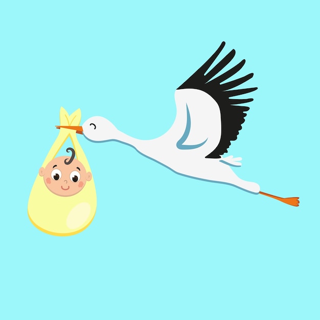 Vector cute baby card template with a stork holding a baby perfect for postcard poster t shirt