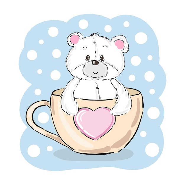 귀여운 아기 만화 곰 컵 벡터 일러스트 레이 션에 앉아 tshirt 인쇄 아이 착용 패션 디자인 베이비 샤워 초대 카드에 사용할 수 있습니다.