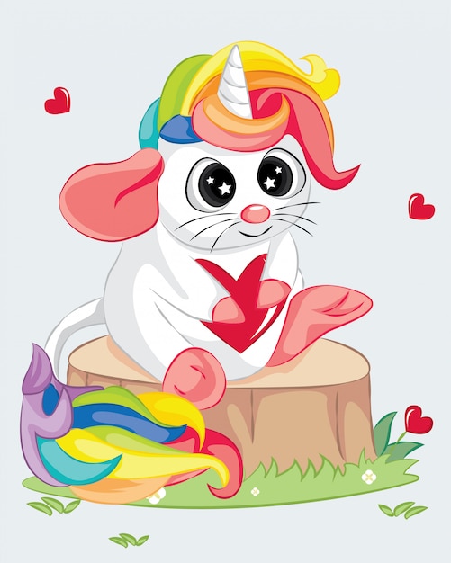 Cute baby cartoon mouse with unicorn horn and rainbow hair