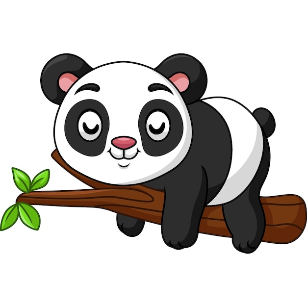 Cute baby cartoon panda sleeping on tree branch