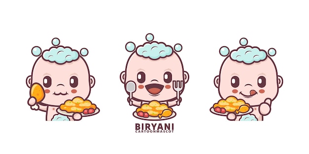 Cute baby cartoon with biryani set cartoon vector with different expressions