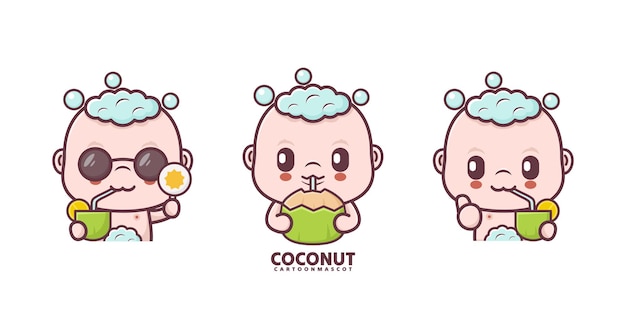 Vector cute baby cartoon with coconut set cartoon vector with different expressions