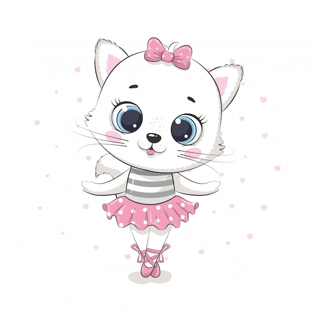 분홍색 치마에 귀여운 아기 고양이 발레리나. 삽화