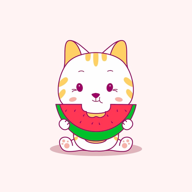 Cute baby cat eat watermelon cartoon illustration