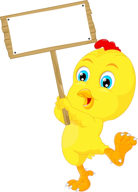 Vettore fumetto sveglio del pollo del bambino con il segno in bianco