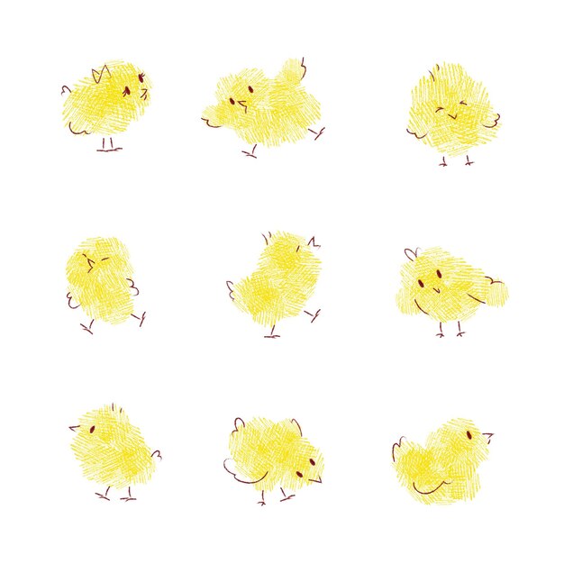 Cute baby chicken - set of funny and adorable tiny birds with texture hand-drawn style