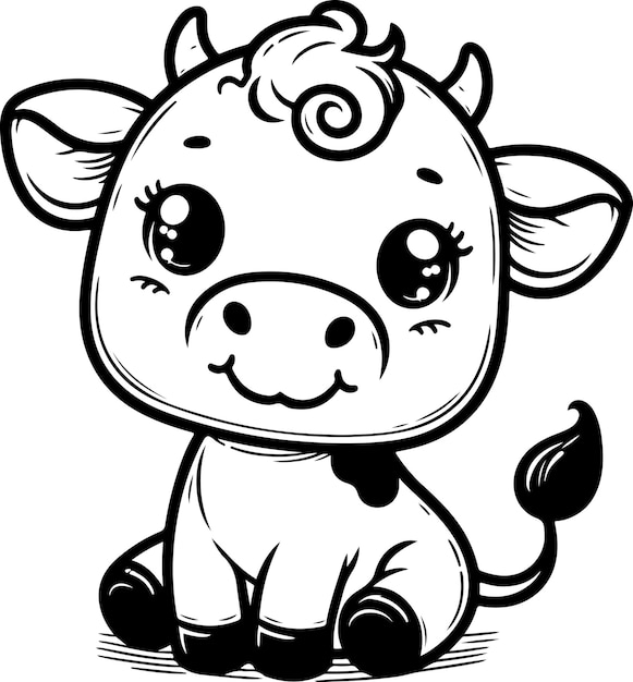Cute baby cow black outline vector illustration Coloring book for kids