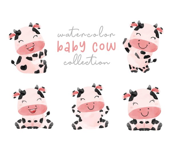 Cute baby cow girl hand drawn cartoon watercolour set farm animal character illustration vector