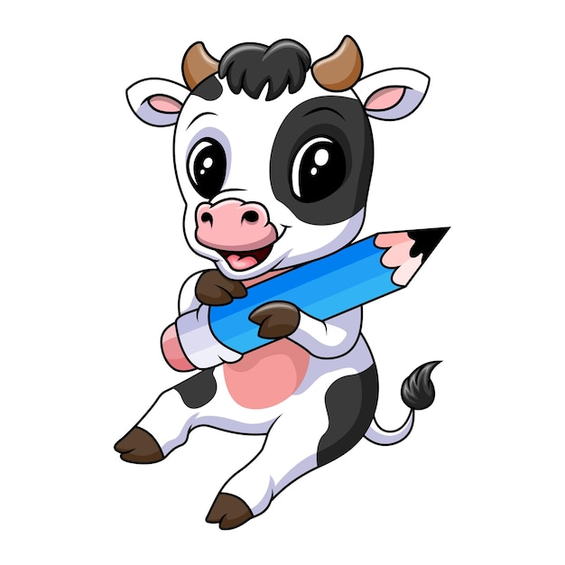 Cute baby cow holding pencil