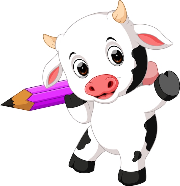 Cute baby cow holding pencil