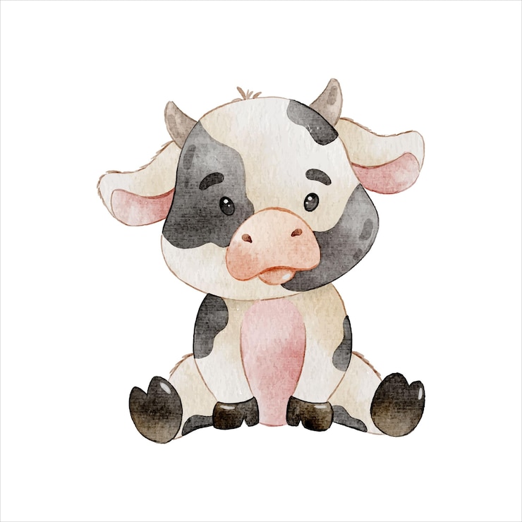 Vector cute baby cow watercolor clipart illustration