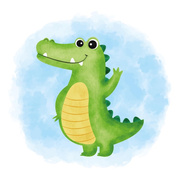 cute baby crocodile watercolor blue background.