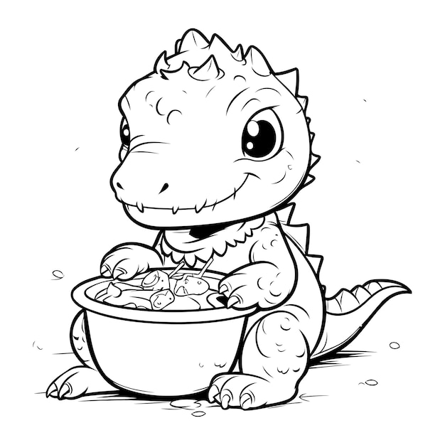 Cute baby crocodile with a bowl of food Vector illustration