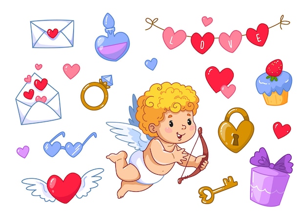 Cute baby cupid, valentine's day items set. Heart, gift, envelope, love, key and lock. Happy cartoon character of Cupid in diapers, with wings. Illustration for the day of lovers. Vector chubby baby.