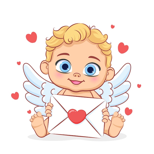 Cute baby cupid with a valentine letter. Vector cartoon illustration.