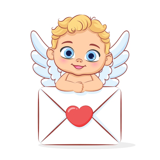 Cute baby cupid with a valentine letter. Vector cartoon illustration.