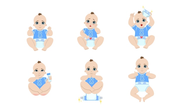 Cute Baby Daily Routine Set Adorable Little Baby in Diaper with Different Emotions and Various Poses Newborn Care Vector Illustration on White Background