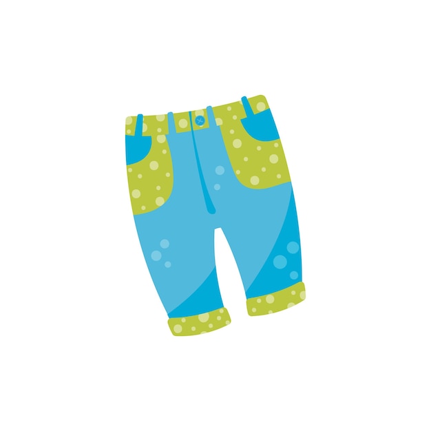 Симпатичные детские джинсовые штаны с пуговицами и зелеными карманами Стильные синие джинсы для малышки, девочки или мальчика Детская мода Детская одежда Мультяшный плоский векторный дизайн