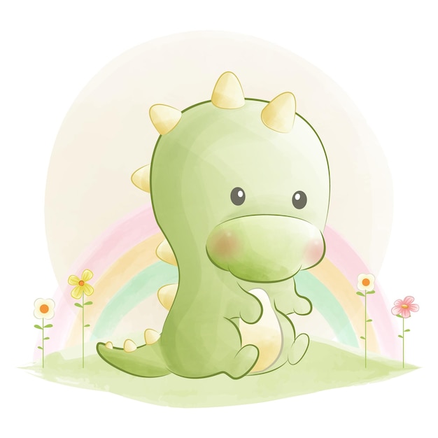 Cute baby dino watercolor illustration