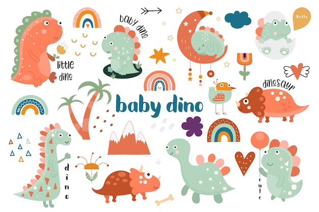 Cute baby dinosaur, rainbow, flower collection. Hand drawn. 
