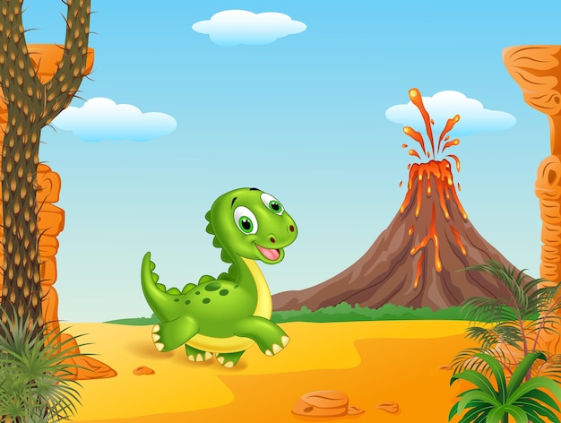 Cute baby dinosaur running in the prehistoric background