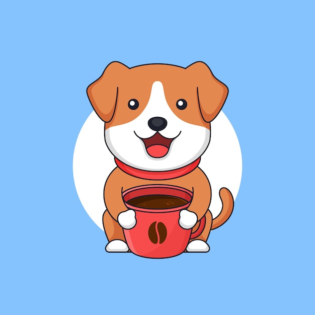 かわいい赤ちゃん犬はコーヒーカップマグカップ概要図漫画スタイルフラットデザインの完全を保持します。
