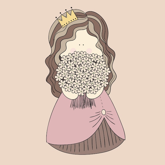 Una graziosa bambolina di principesse con un vestito lungo e bellissimo e una corona tiene in mano un mazzo di fiori