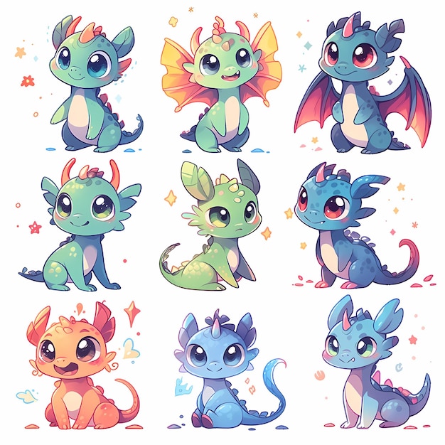 Premium Vector | Cute baby dragons cartoon stickers