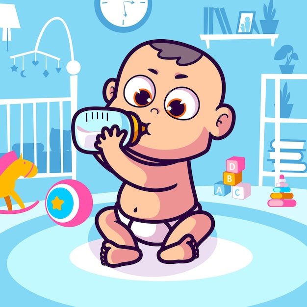 Cute baby drinking milk from bottle cartoon