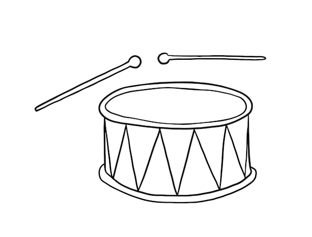 막대기가 달린 귀여운 아기 드럼 벡터 낙서 스케치