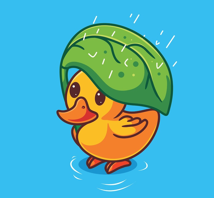 Vector cute baby duck taking a leaf as umbrella isolated cartoon animal nature illustration flat style