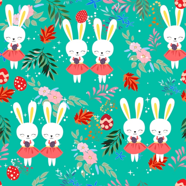 Vector cute baby easter rabbit in the flower frame seamless pattern