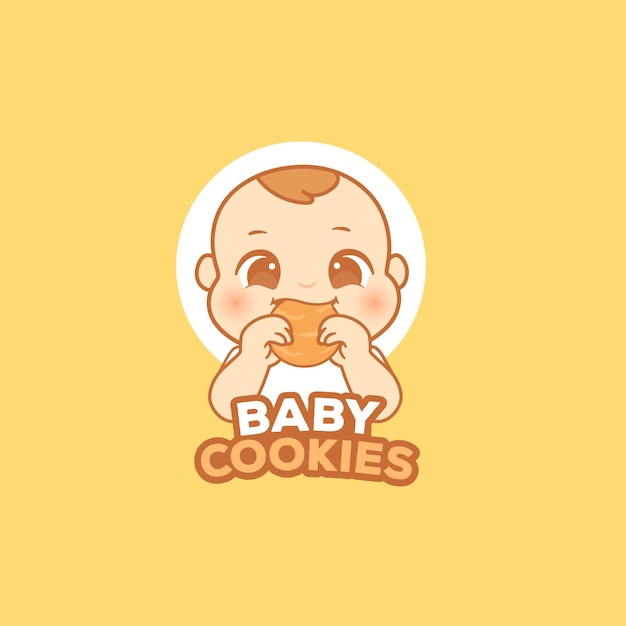 귀여운 아기는 이유식 또는 아기 보완 식사 로고를 위한 쿠키 비스킷 스낵 로고를 먹습니다.