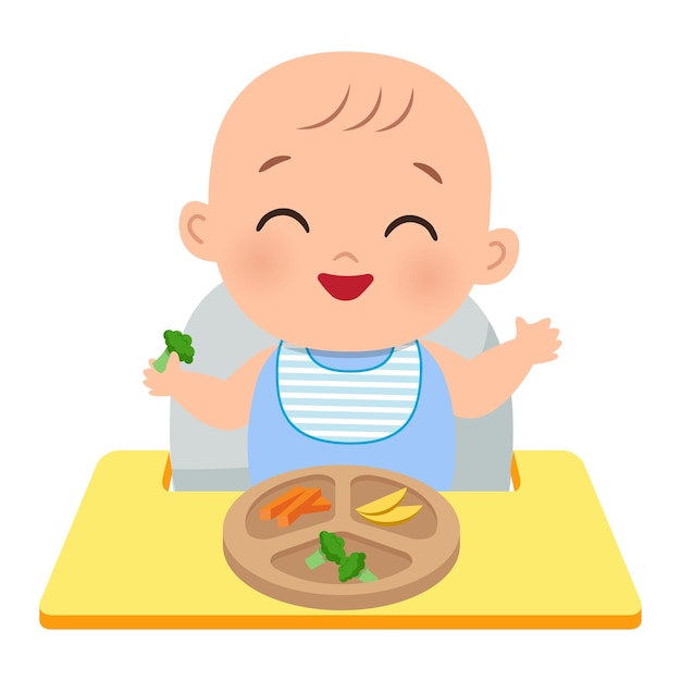 Vector cute baby eating with baby led weaning method